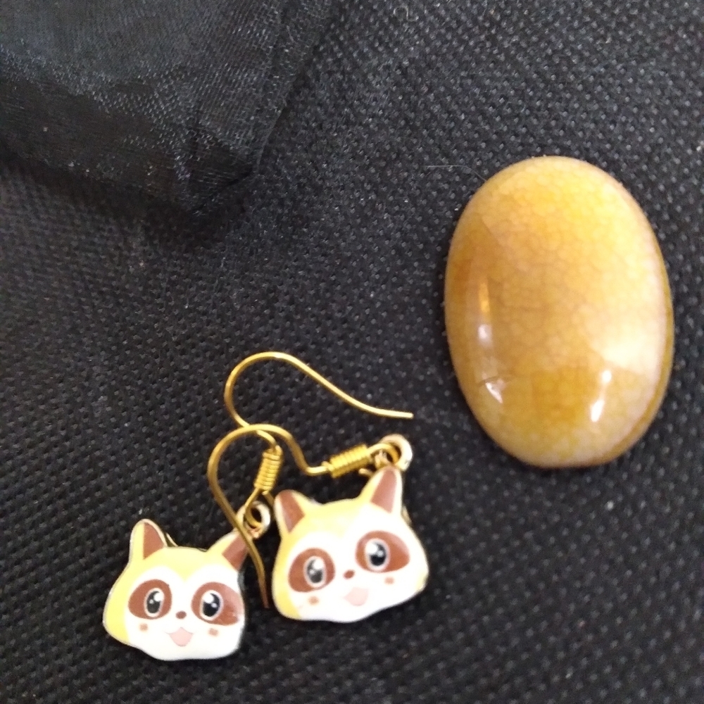 Autumn raccoon earrings gold tone enamel face new